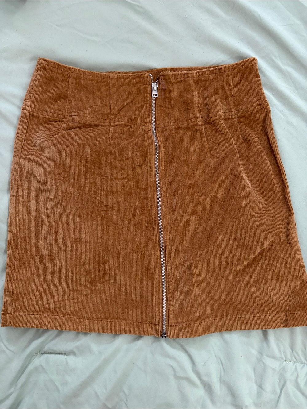 Corduroy Front-Zip Mini Skirt in tan/brown